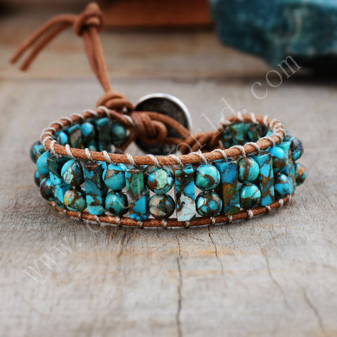 Turquoise Leather Bracelet Cube&Round Bead Bohemian HD0297