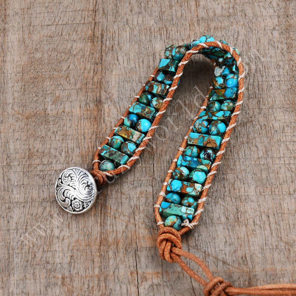 Copper Turquoise Leather Bracelet Cube & Round Bead Bohemian Handmade Jewelry HD0297