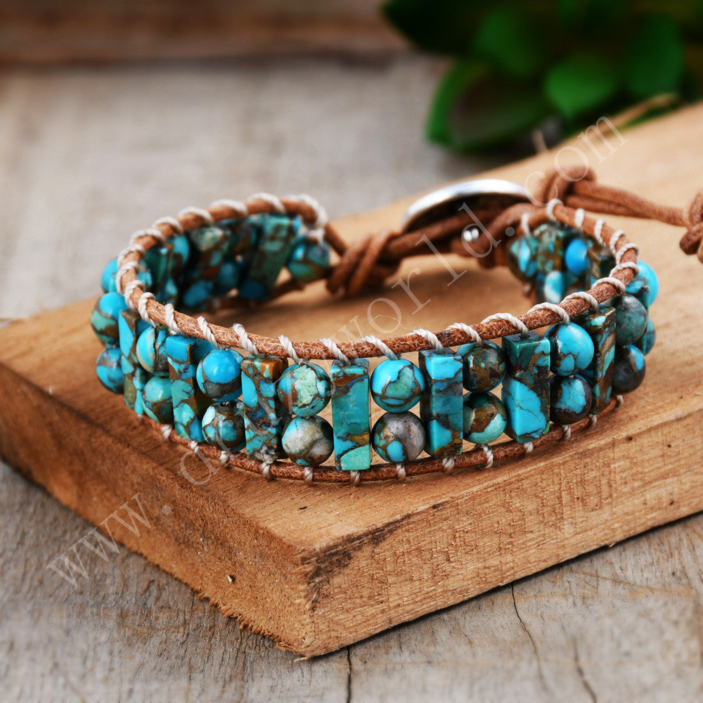Copper Turquoise Leather Bracelet Cube & Round Bead Bohemian Handmade Jewelry HD0297