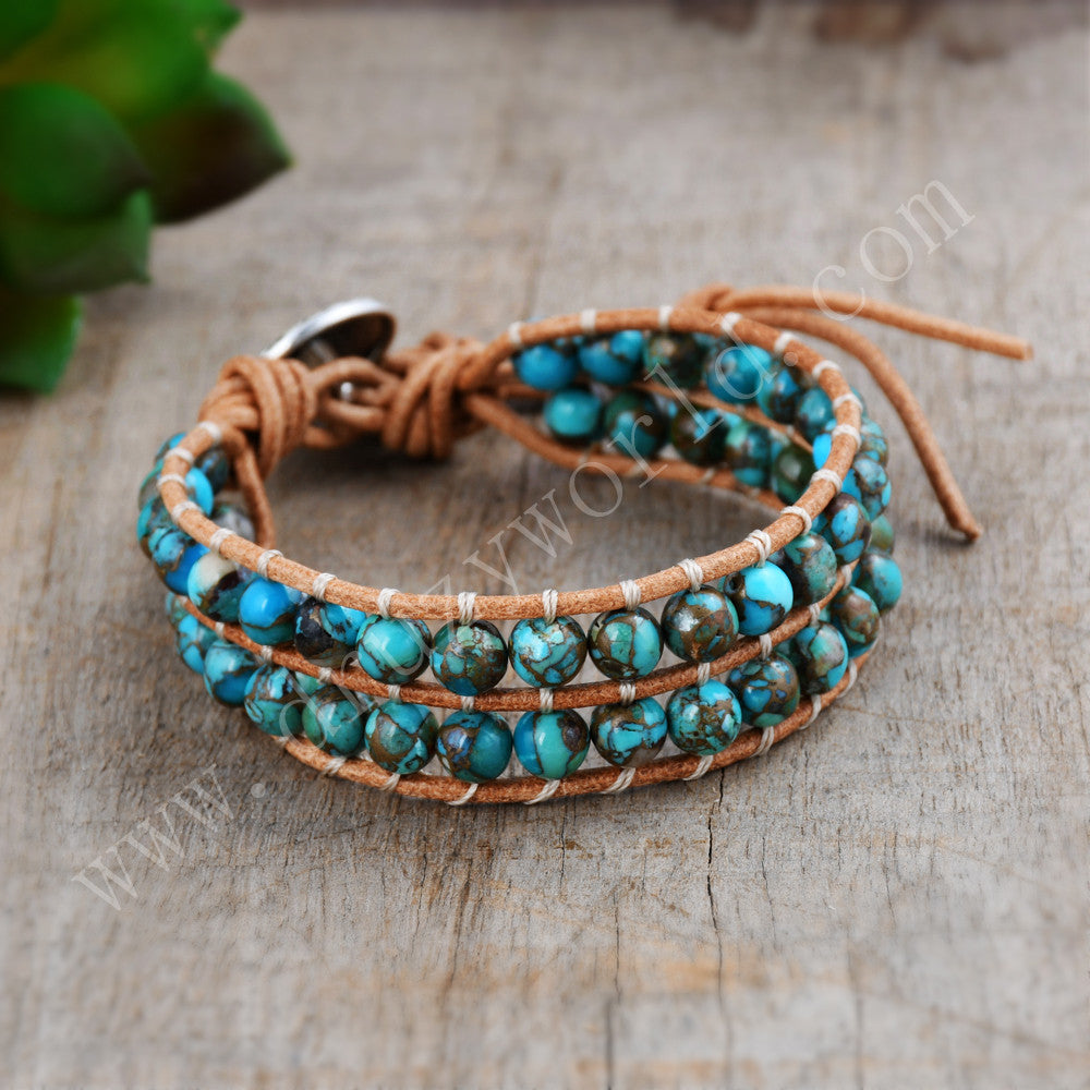 6mm Copper Turquoise Beads 2-Layers Leather Wrap Bracelet, Handmade Boho Jewelry HD0298
