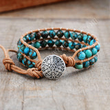 6mm Copper Turquoise Beads 2-Layers Leather Wrap Bracelet, Handmade Boho Jewelry HD0298