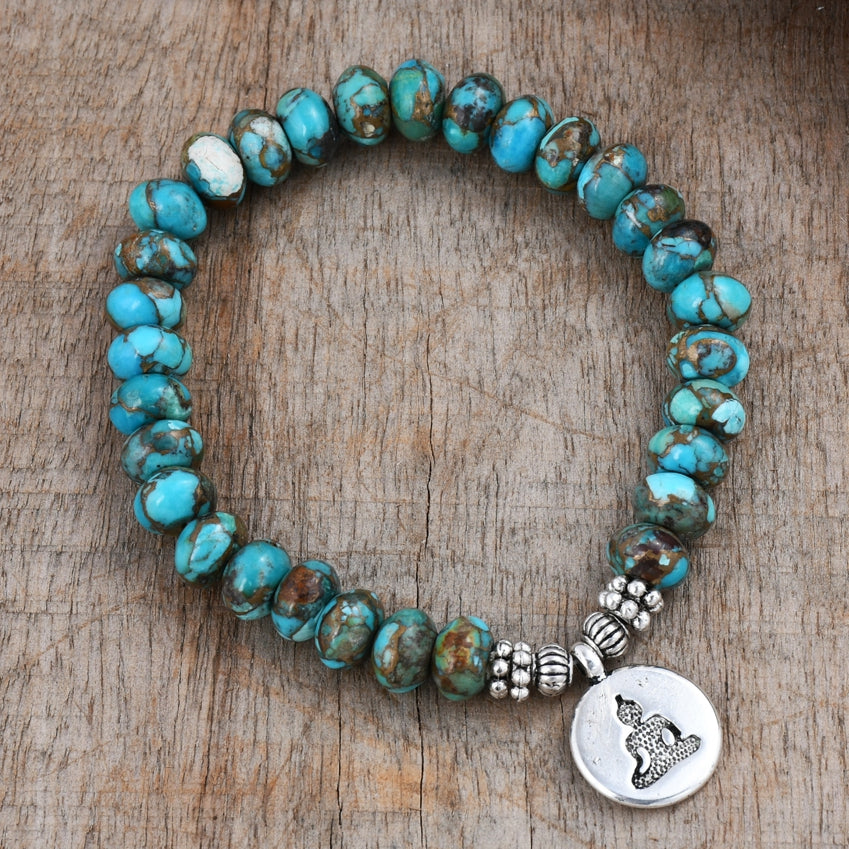 Silver Buddha Charm Natrual Copper Turquoise Bead Bracelet, 8mm Blue Gemstone Beads, Meditation Reiki Spiritual Jewelry HD0299
