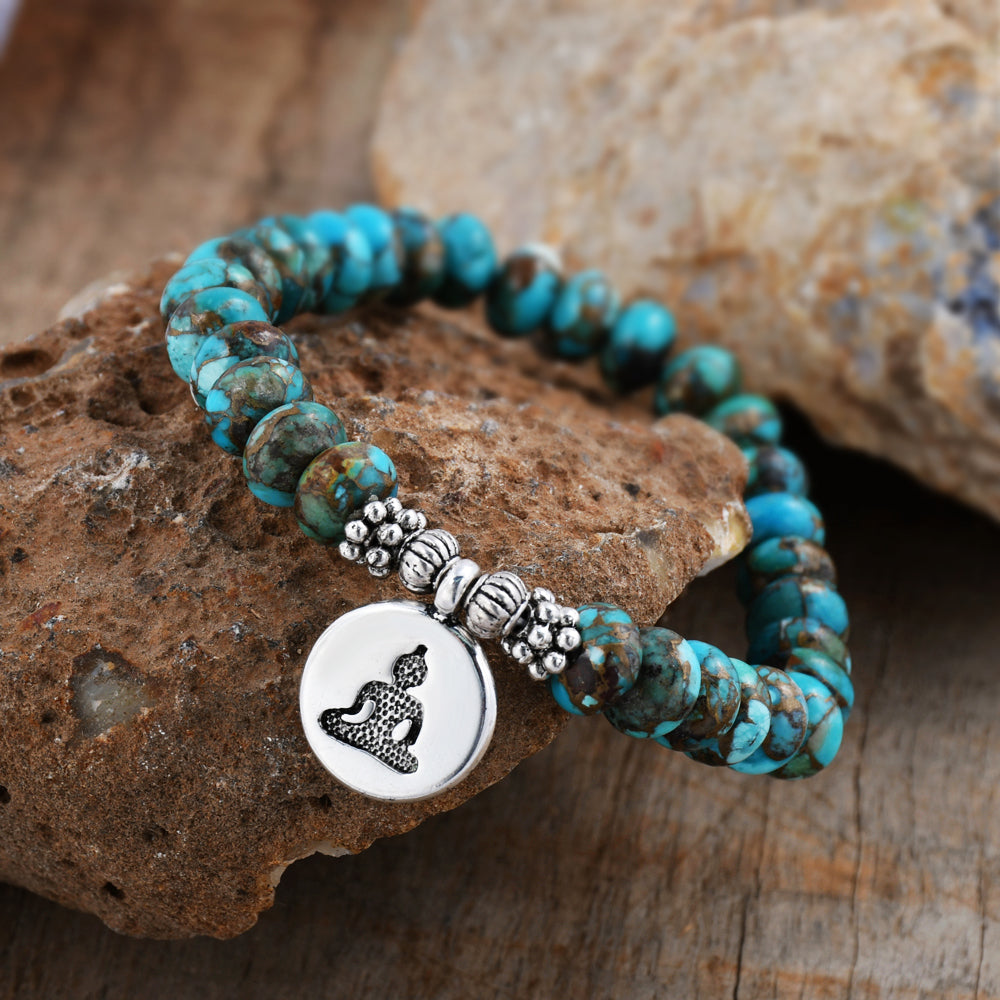 Silver Buddha Charm Natrual Copper Turquoise Bead Bracelet, 8mm Blue Gemstone Beads, Meditation Reiki Spiritual Jewelry HD0299