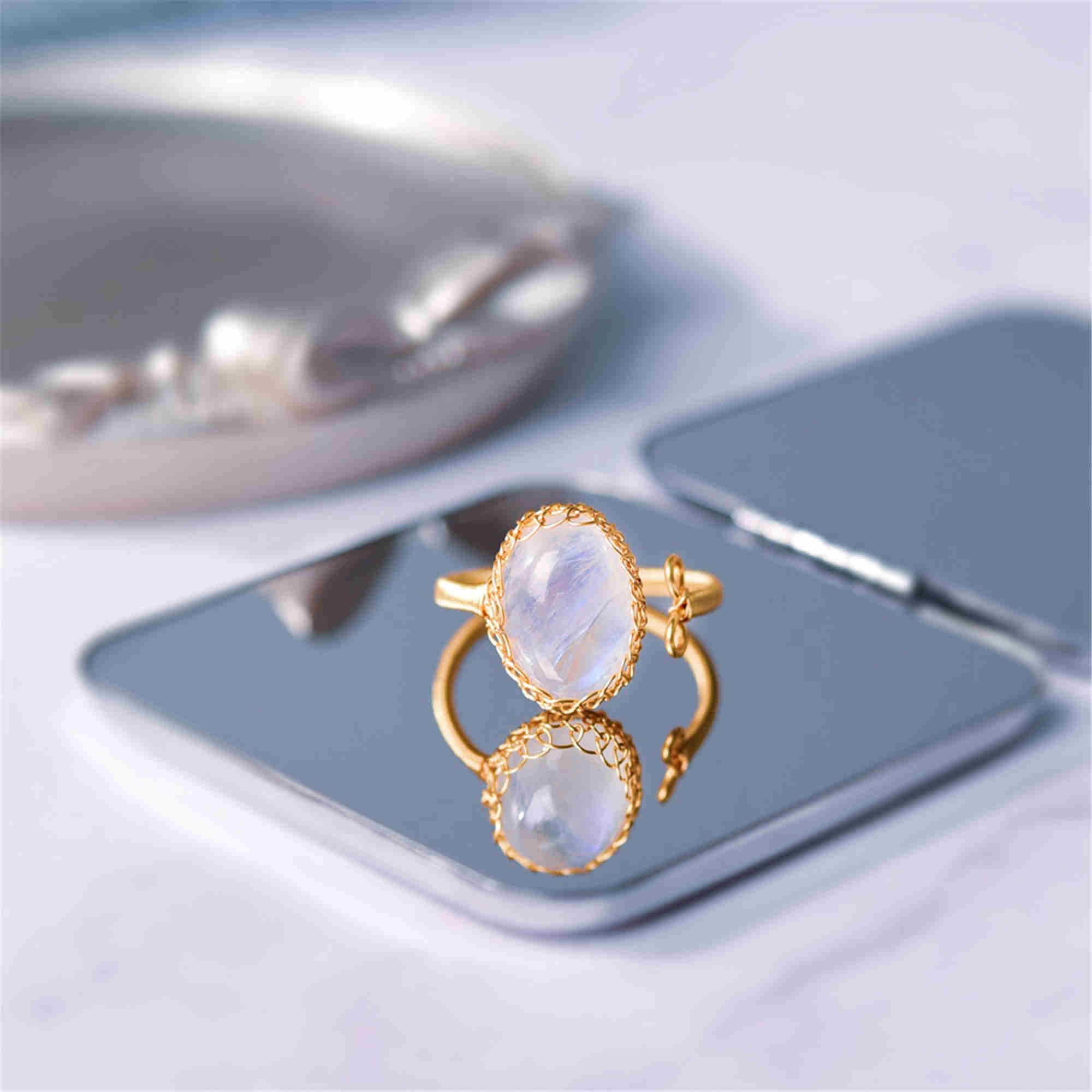 Gold Wire Wrap Moonstone Ring, Adjustable, Healing Gemstone Ring, Handmade Jewelry HUS228