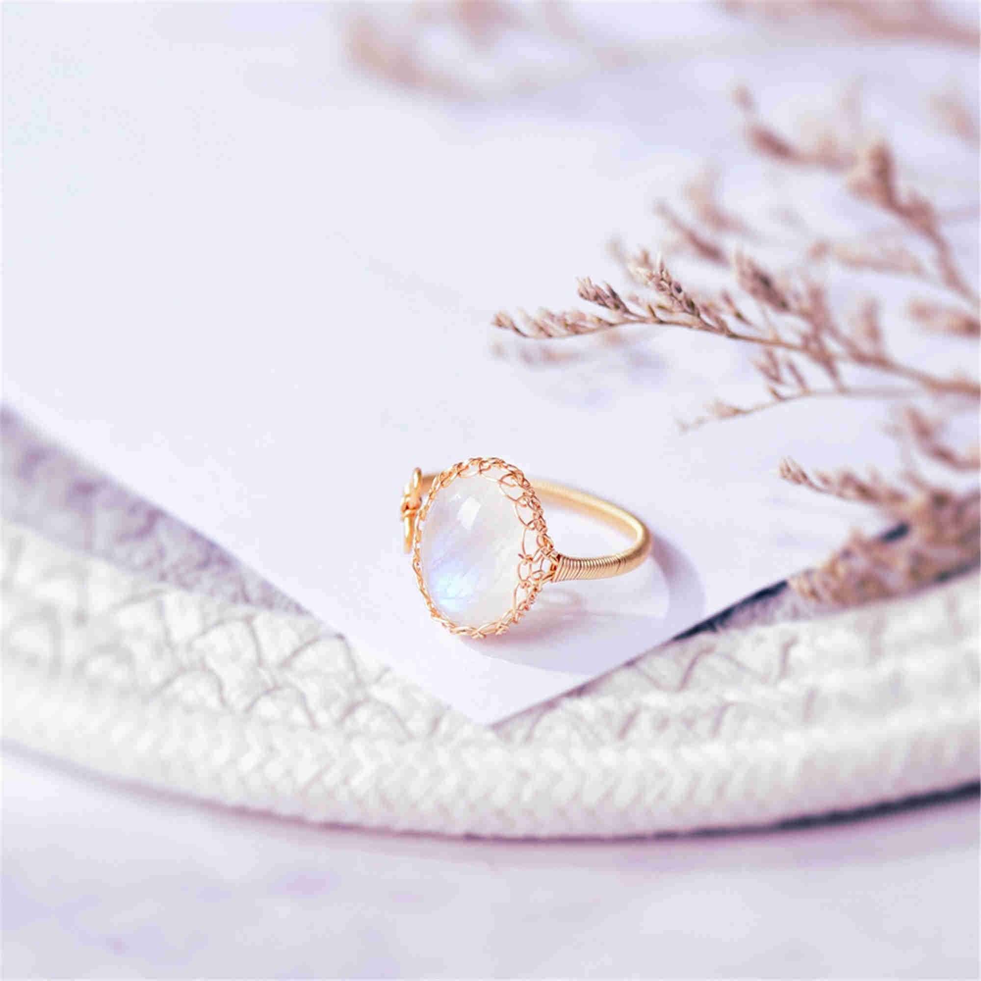 Gold Wire Wrap Moonstone Ring, Adjustable, Healing Gemstone Ring, Handmade Jewelry HUS228