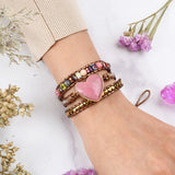 Rhodonite Big Heart 4mm Crystal Stone Beads 3-Layers Leather Wrap Bracelet, Handmade Boho Jewelry HD0373