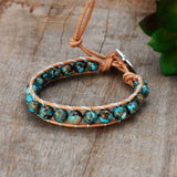 Natural 8mm Copper Turquoise Beads Leather Wrap Bracelet, Healing Blue Gemstone Jewelry HD0305