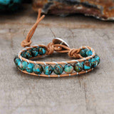 Natural 8mm Copper Turquoise Beads Leather Wrap Bracelet, Healing Blue Gemstone Jewelry HD0305