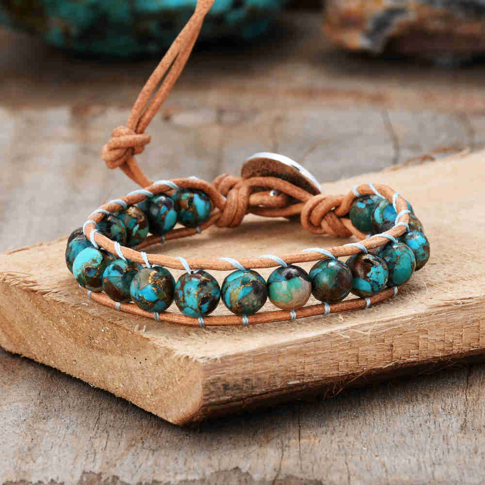 Gold Copper Turquoise Beads Bracelet, 8mm Round Stone Beads, Leather Wrapped, Healing Blue Gemstone Beaded Bracelet Jewelry HD0305