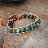 Natural 8mm Copper Turquoise Beads Leather Wrap Bracelet, Healing Blue Gemstone Jewelry HD0305