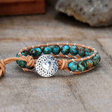 Natural 8mm Copper Turquoise Beads Leather Wrap Bracelet, Healing Blue Gemstone Jewelry HD0305