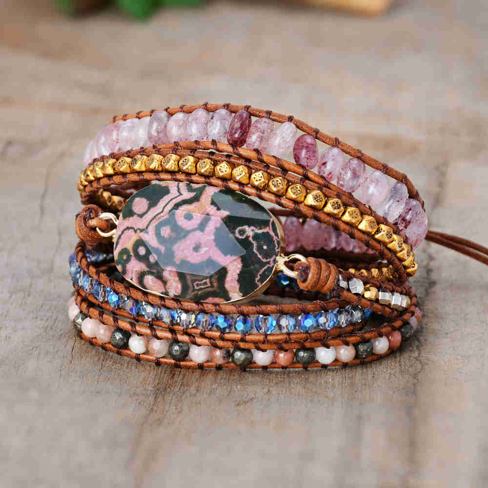 Natrual Ocean Jasper Bracelet, Leather Wrap Bracelet, Healing Crystal Stone Beaded, Rainbow Gemstone Jewelry Bracelet HD0279 