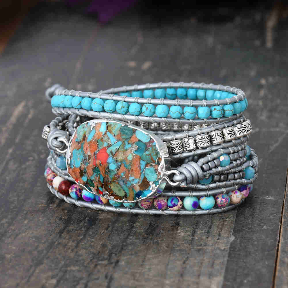 Silver Natrual Red Coral Copper Turquoise Faceted Bracelet, Leather Wrap Bracelet, Healing Crystal Stone Beads, Rainbow Gemstone Beaded Bracelet, Meditation Protection Inspiring Jewelry HD0319