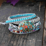 Faceted Coral Copper Turquoise 4mm Stone Beads 5-Layers Leather Wrap Bracelet, Handmade Boho Jewelry HD0319