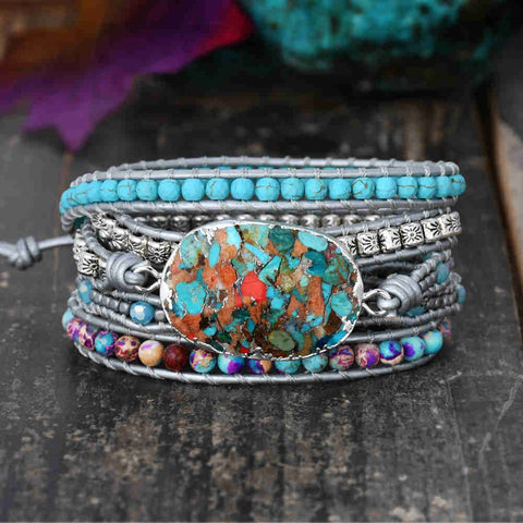 Faceted Coral Copper Turquoise 4mm Stone Beads 5-Layers Leather Wrap Bracelet, Handmade Boho Jewelry HD0319