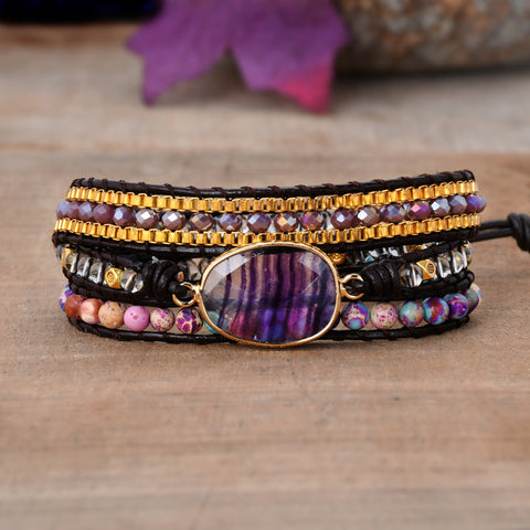 Faceted Colorful Fluorite 4mm Crystal Stone Beads Layers Leather Wrap Bracelet, Handmade Boho Jewelry HD0324