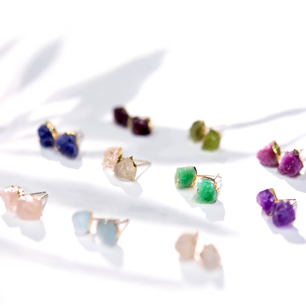 Gold Plated Raw Birthstone Stud Eartrings, Peridot Ruby Garnet Aquamarine Crystal Earrings, Healing Gemstone Jewelry BT017