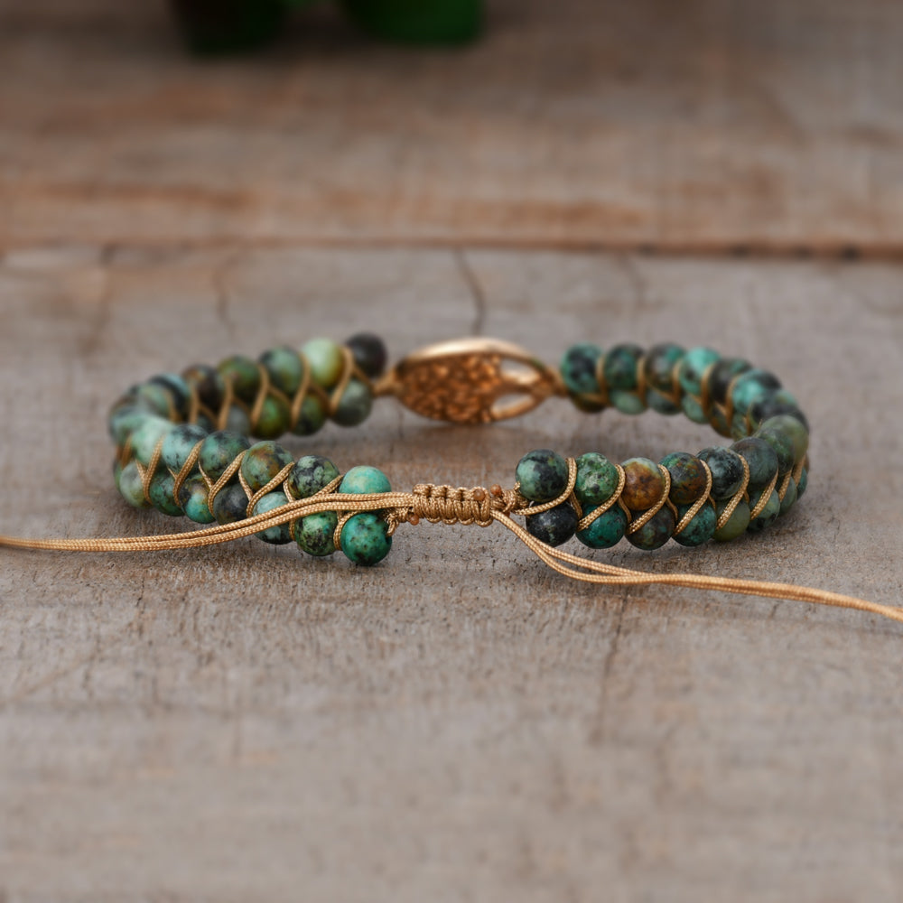 Gold Round Tree of Life Bracelet, 4mm African Turquoise Stone Beads, Rope Wire Rrapped, Healing Crystal Stone Bracelet, Meditation Protection Inspiring Gemstone Bracelet Jewelry HD0336