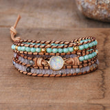 Gold White Opal Round Multi Stone Beads 3-Layers Leather Wrap Bracelet, Handmade Boho Jewelry HD0338