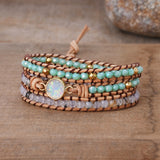 Gold White Opal Round Multi Stone Beads 3-Layers Leather Wrap Bracelet, Handmade Boho Jewelry HD0338