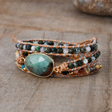 Gold Faceted Australia Jade 4mm Stone Beads Layers Leather Wrap Bracelet, Handmade Boho Jewelry HD0339