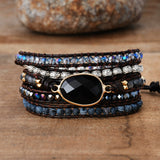 Gold Black Agate 4mm Stone Beads Layers Leather Wrap Bracelet, Handmade Boho Jewelry HD0340