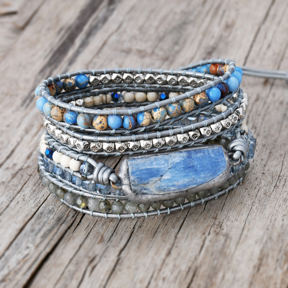 Silver Natural Kyanite Bar Bracelet, 4mm Blue Sea Sediment Labradorite Silver Beads, Layers Leather Rope Wire Rrap Bracelet, Healing Crystal Stone Bracelet, Meditation Protection Inspiring Gemstone Bracelet Jewelry HD0341