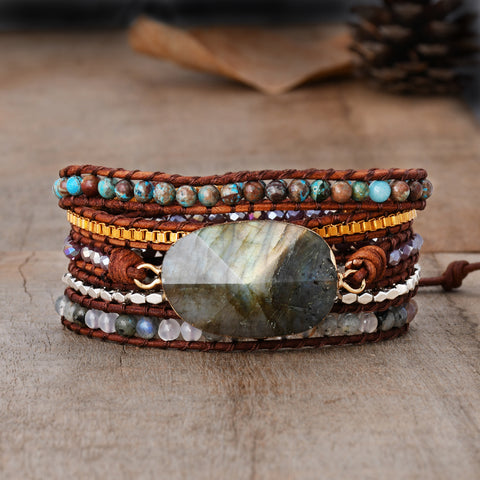 Gold Faceted Labradorite 4mm Stone Beads 5-Layers Leather Wrap Bracelet, Handmade Boho Jewelry HD0342