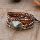 Gold Faceted Labradorite 4mm Stone Beads 5-Layers Leather Wrap Bracelet, Handmade Boho Jewelry HD0342