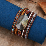 Gold Faceted Labradorite 4mm Stone Beads 5-Layers Leather Wrap Bracelet, Handmade Boho Jewelry HD0342