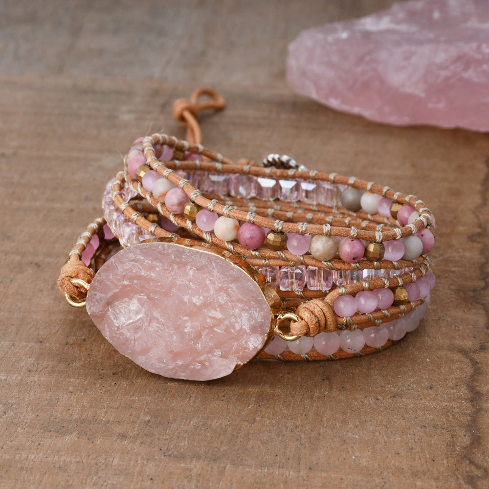 Gold Oval Natural Rose Quartz Bracelet, 4mm Rhodonite Beads, Layers Leather Rope Wire Rrap Bracelet, Pink Healing Crystal Stone Bracelet, Meditation Protection Inspiring Gemstone Bracelet Jewelry HD0343