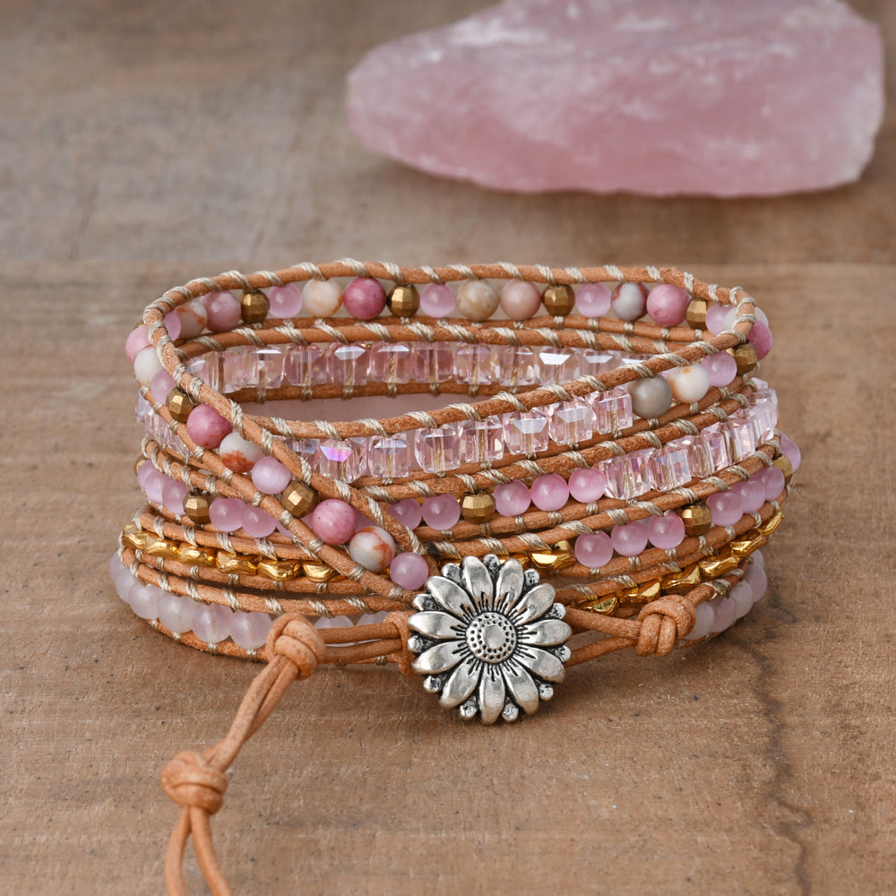 Gold Oval Natural Rose Quartz Bracelet, 4mm Rhodonite Beads, Layers Leather Rope Wire Rrap Bracelet, Pink Healing Crystal Stone Bracelet, Meditation Protection Inspiring Gemstone Bracelet Jewelry HD0343