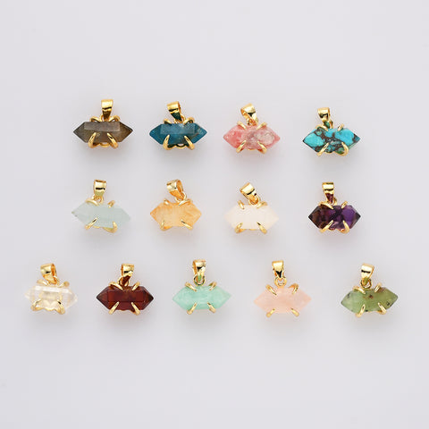 Tiny Hexagon Point Gold Plated Claw Rainbow Gemstone Pendant, Crystal Stone Terminated Point Pendant ZG0480