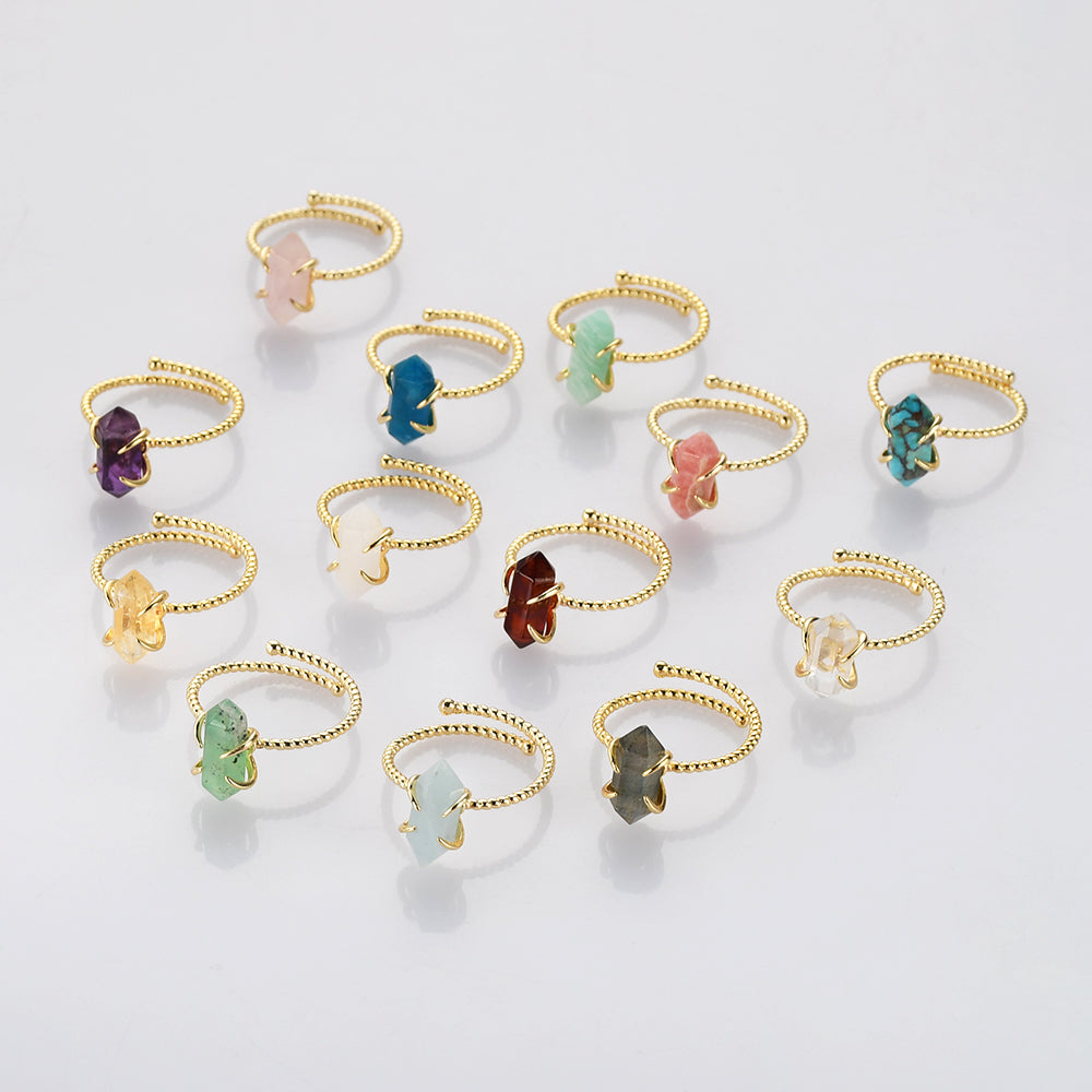 Gold Plated Claw Rainbow Natural Gemstone ring, Adjustable, Terminated Point, Faceted Healing Crystal Stone Ring, Birthstone Ring Jewelry ZG0482