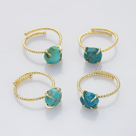 Gold Plated Claw Natural Real Turquoise Ring, Freeform Shape, Adjustable Size, Genuine Turquoise Rings Jewelry ZG0485