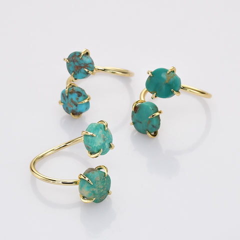 Gold Plated Claw Double Natural Real Turquoise Wrap Ring, Freeform Shape, Genuine Turquoise Ring Jewelry ZG0486