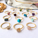 Gold Plated Brass Raw Rainbow Gemstone Ring, Birthstone Ring, Healing Crystal Stone Statement Ring Jewelry BT003