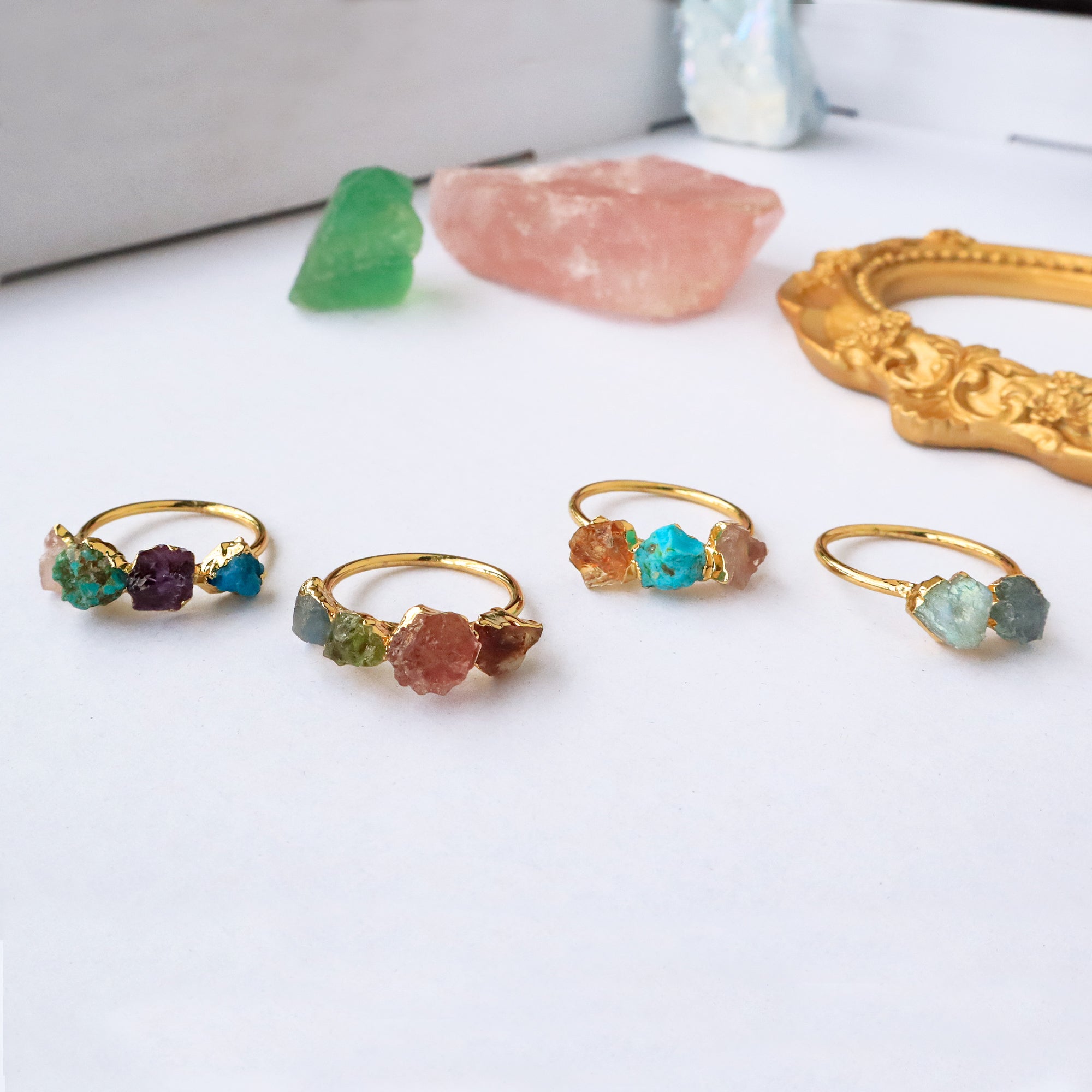 Gold Plated Brass Multi Rainbow Gemstone Ring, Raw Crystal Stone Statement Ring, Birthstone Ring, Healing Jewelry BT004