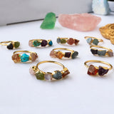 Gold Plated Brass Multi Rainbow Gemstone Ring, Raw Crystal Stone Statement Ring, Birthstone Ring, Healing Jewelry BT004