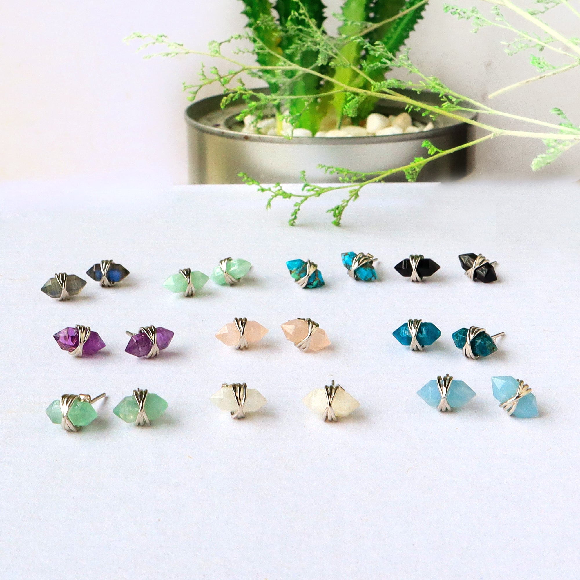 Silver Plated Natural Birthstone Stud Earrings, Tiny Hexagon Point Faceted Gemstone Earrings, Healing Crystal Post Earrings Jewelry BT002