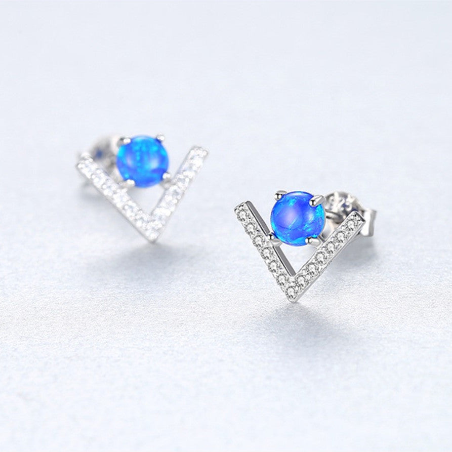 S925 Sterling Silver Opal Stud Earrings, V Shape CZ Pave Opal Earrings, Fashion Jewelry AL560