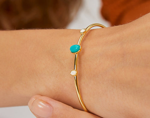 Skinny Gold Plated Brass Oval Blue Howlite Turquoise & White Opal Open Bracelet, Gemstone Adjustable Cuff AL587