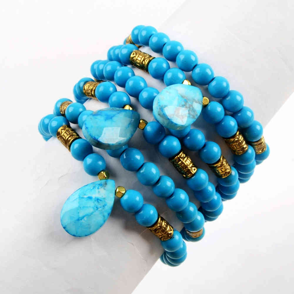 Teardrop Blue Howlite Turquoise Faceted With 6mm Blue Howlite Turquoise Beads Bracelet G1842