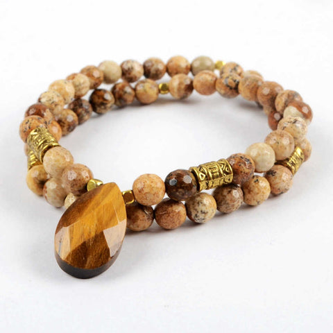 Teardrop Tiger's Eye Faceted With 6mm Owyhee Picture Jasper Beads Bracelet gemstone beaded bracelet Jewelry G1844