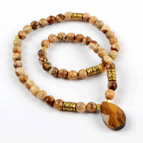 Teardrop Tiger's Eye Faceted With 6mm Owyhee Picture Jasper Beads Bracelet gemstone beaded bracelet Jewelry G1844