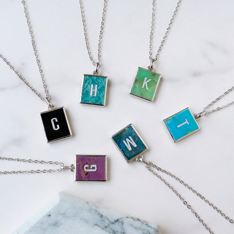 Personalized 16" Rectangle Silver Plated Bezel Rainbow Gemstone Letter Necklace, Birthstone Crystal Jewelry, You choose stone and letter KZ003-N