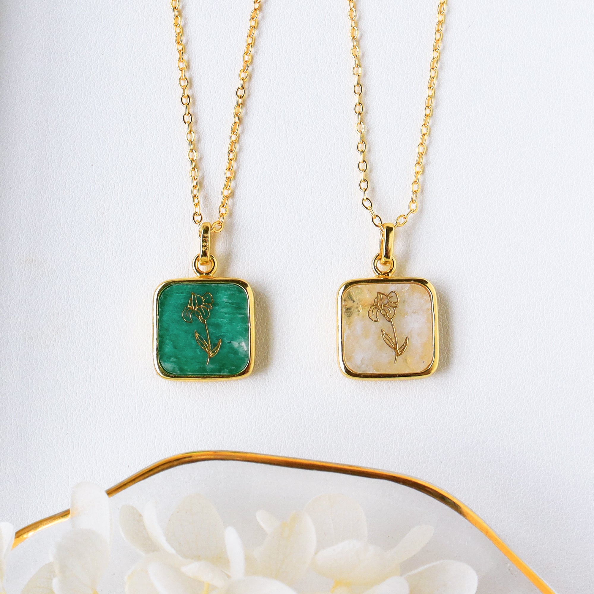 Wholesale 16" Gold Plated Square Gemstone Pendant Necklace, Carved Birth Month Flowers, Birthstone Jewelry KZ004