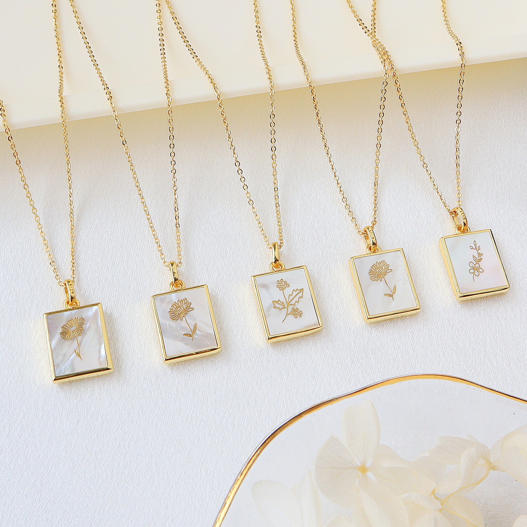 Rectangle Gold Natural White Shell Carved Birthflower Pendant, Personalized Birth Flower Necklace Jewelry KZ044
