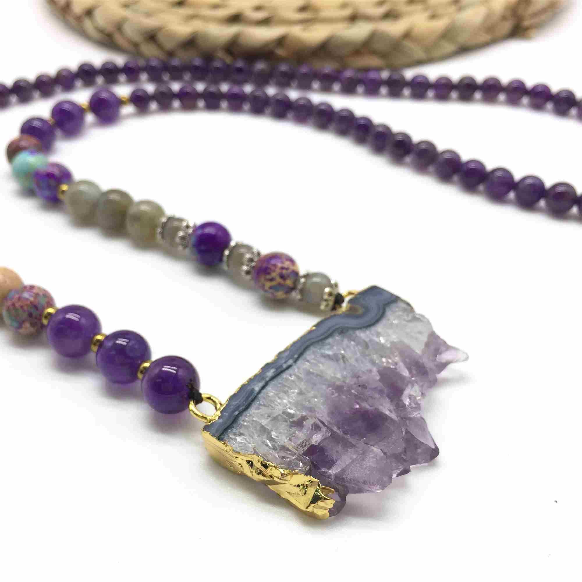 Gold Natural Amethyst Slice Necklace, 6mm Amethyst Quartz Bead, Healing Crystal Gemstone Beaded Necklaces, Lady Fashion Gift Jewelry HD0181