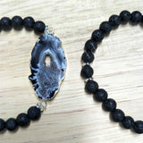 Silver Plated Onyx Druzy Agate Slice 6mm Lava Stone Bead Stretch Bracelet HD0248